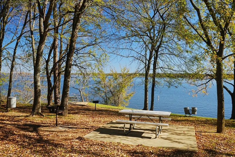 picnic tables next to lake at Lake Bob Sandlin State Park
